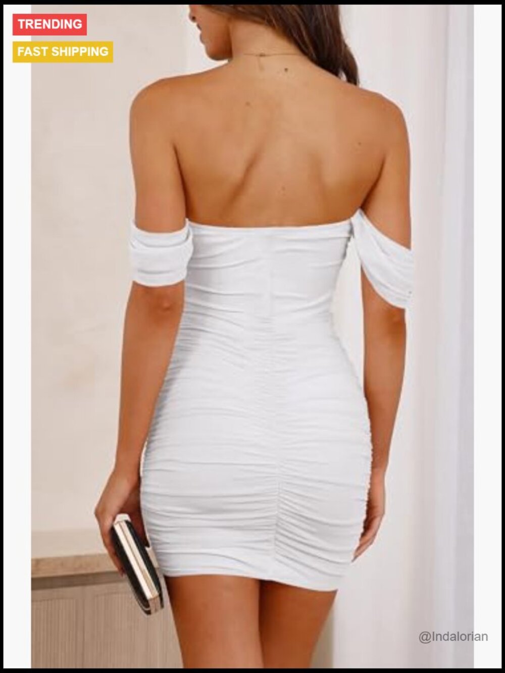 Off Shoulder Bodycon Mini Dress, Ruched Backless Design, Polyamide Shell - Picture 6 of 7